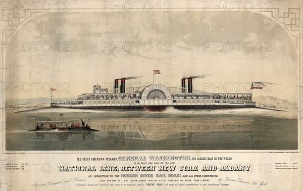The great American steamer, General Washington, the largest boat in the world to be built and run on the new National Line, between New York and Albany / drawn on stone by C. Parsons ; invented, designed, and drawn by Darius Davison, New York.; W. Endicott & Co., lithographer; New York : Wm. Endicott & Co., [1852]; 1 print : lithograph, hand-colored ; 42 1/8 x 26 3/16 in.