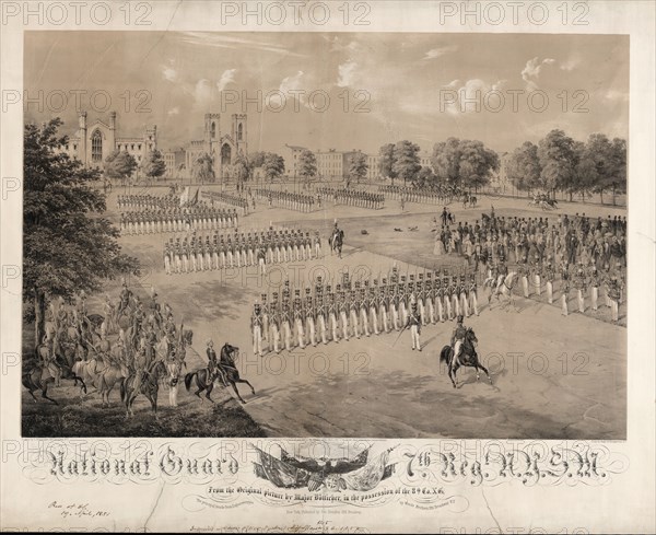 National Guard 7th Reg[imen]t N.Y.S.M. / on stone by C[harles] Gildemeister, 289 Broadway N.Y. ; print by Nagel & Weingaertner N.Y.; Gildemeister, Karl, 1820-1869, artist; Boetticher, Otto, approximately 1816- , publisher; New York : Otto BÃ¶tticher ; c1852.; 1 print : lithograph, tinted ; 82 x 105 cm.; Print showing a mounted figure reviewing troops on a parade ground with gothic buildings in the background.