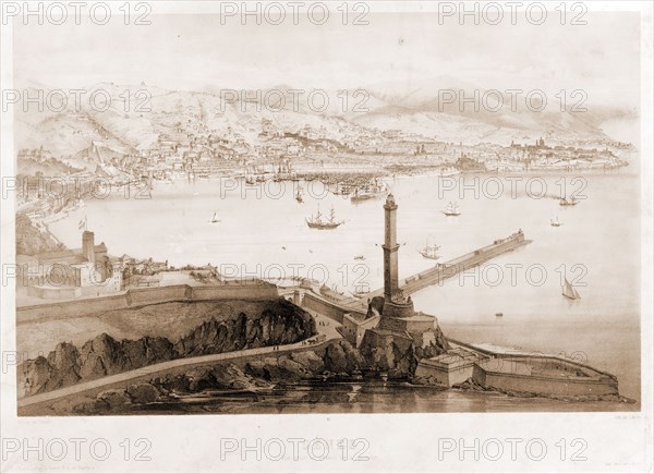 GÃªnes Vue prise au dessus de la lanterne / / dessine par Guesdon ; lith. par Schultz.; Guesdon, Alfred, 1808-1876, artist; Paris : [185-]; 1 print : lithograph, tinted.; Bird's-eye view of the harbor and city of Genoa, Italy.