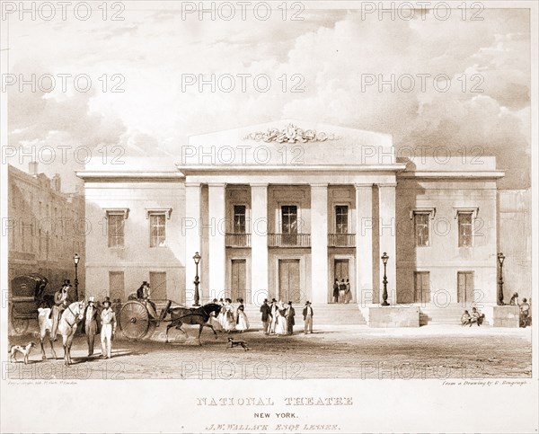 National Theatre, New York. J.W. Wallack, Esqr., lessee / Day & Haghe, lith., 17 Gate St., London ; from a drawing by R. Bengough.; Day & Haghe, lithographer; [between 1840 and 1860]; 1 print.