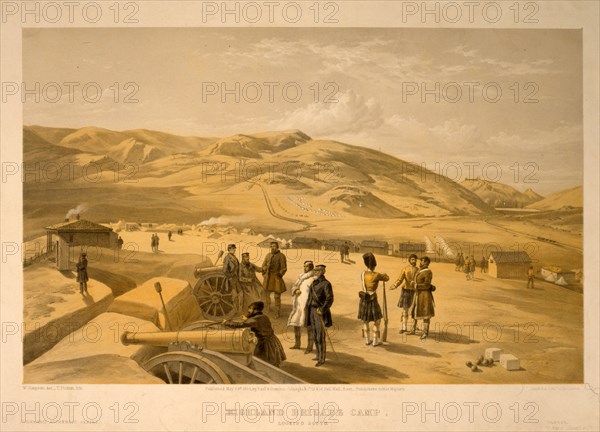 Highland Brigade camp, looking south / W. Simpson, del. ; T. Picken, lith. ; Day & Son, Lithrs. to the Queen.; Day & Son.; Simpson, William, 1823-1899 , artist; Picken, Thomas, -1870 , lithographer; Pall Mall [London, England] : Published by Paul & Dominic Colnaghi & Co., 1855 May 24th.; 1 print : lithograph, tinted ; 38 x 57.5 (sheet); Artillery battery with soldiers standing near the cannons, and the camp of Highland Brigade in the background; Balaklava Harbor and the remains of the old Genoese castle are visible in the distance on the right.