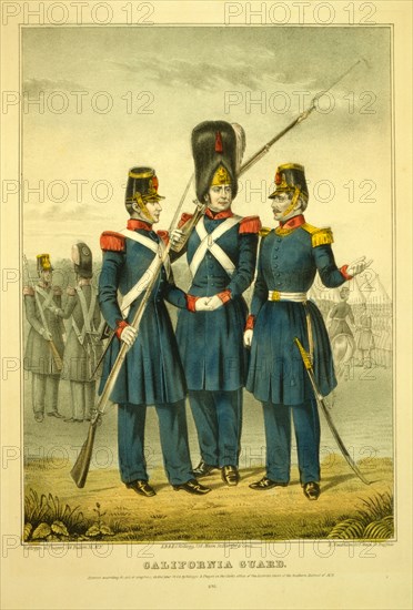 California guard / Kellogs & Thayer ; E.B. & E.C. Kellog ; D. Needham.; Kelloggs & Thayer.,; c1846.; 1 print : lithograph, hand-colored.; Print showing men in dress uniform. Identified as associated with the Mexican War, 1846-48, in Picturing Victorian America: Prints by the Kellogg Brothers of Hartford, by Nancy Finlay (2010), p. 83.