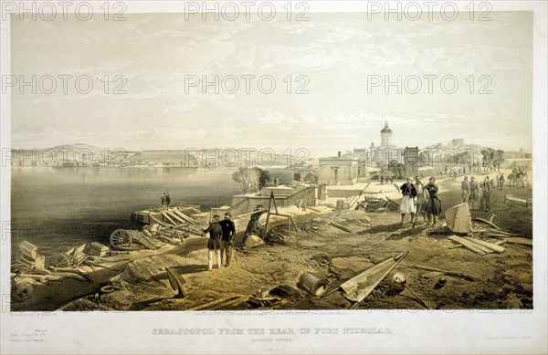 Sebastopol from the rear of Fort Nicholas, looking south / W. Simpson del. ; E. Walker lith. ; Day & Son, Lithrs. to the Queen.; Day & Son.; Simpson, William, 1823-1899 , artist; Pall Mall [London, England] : Published by Paul & Dominic Colnaghi & Co., 1855 Novr. 1st.; 1 print : lithograph, tinted ; 38.4 x 57.1 (sheet); View of Sevastopol' and the South Port from Fort Nicholas during the occupation by French and British forces after the Russians abandoned the city.