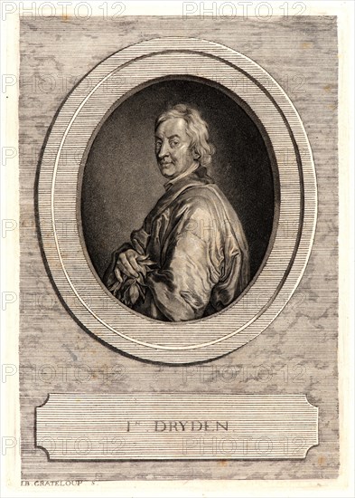 Jean-Baptiste de Grateloup (French, 1735-1817) after Godfrey Kneller (British (English), 1646 - 1723). Portrait of the Poet, John Dryden, 1765. Engraving, stipple, and drypoint on thin laid paper partially mounted down on heavier laid sheet with platemark. Plate: 103 mm x 72 mm (4.06 in. x 2.83 in.). Second of two states.