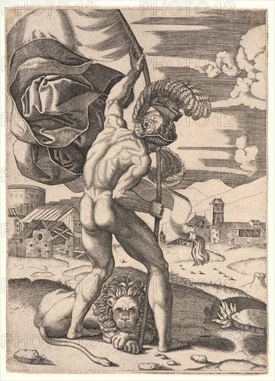 Marcantonio Raimondi (Italian, ca. 1470/1482 - 1527/1534), possibly after Raphael (Italian, 1483-1520) or Agostino Musi (Italian, ca. 1490 - after 1536). Standard Bearer, 16th century. Engraving on laid paper. Plate: 250 mm x 180 mm (9.84 in. x 7.09 in.).