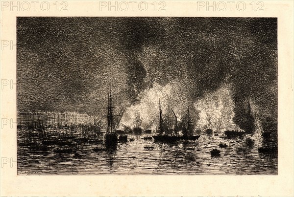 Maxime Lalanne (French, 1827 - 1886). Fire in the Port of Bordeaux (Incendie dans le Port de Bordeaux), 1869. Etching.