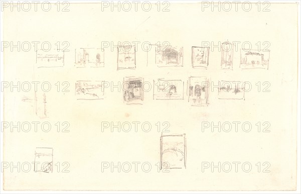 James McNeill Whistler (American, 1834 - 1903). Sketch for the Selection and Arrangement of Whistler's First Venice Set, ca. 1879-1880. Pencil drawing on white laid paper. Sheet: 113 mm x 177 mm (4.45 in. x 6.97 in.).