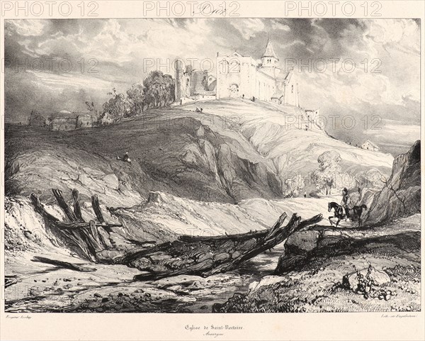 EugÃ¨ne Isabey (French, 1803 - 1886). Ãâglise de Saint-Nectaire, 1831. From Voyages Pittoresques et Romantiques dans l'Ancienne France. Lithograph on India paper laid down.