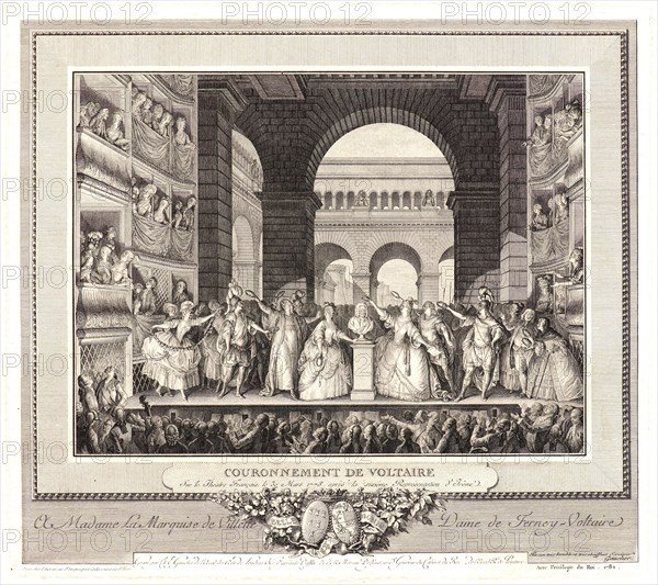 Charles-Etienne Gaucher (French, 1741 - 1804) after Jean-Michel Moreau le Jeune (French, 1741 - 1814). Crowning of Voltaire at the ThéÃ¢tre FrancÂ¸ais, 30 March 1778, 1782. Etching and engraving on laid paper. Plate: 264 mm x 300 mm (10.39 in. x 11.81 in.). Sixth or seventh of seven states.