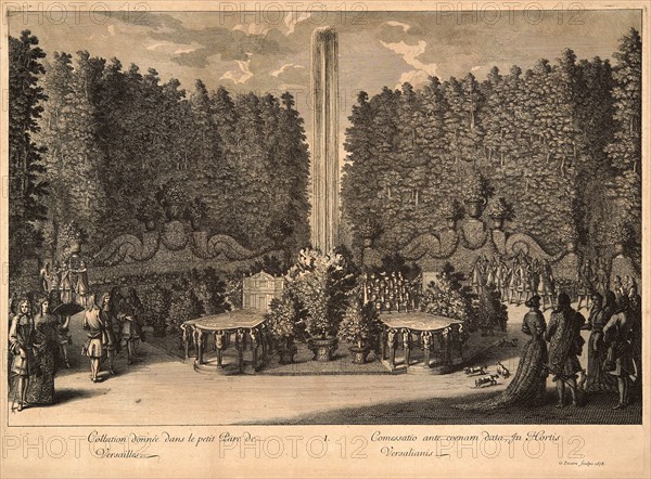 Jean Le Pautre (French, 1618-1682). Collation donne dans le petit Parc de Versailles, 1678. From Le Relation de la feste de Versailles du 18 Juillet 1668. Engraving.