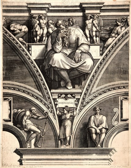 Giorgio Ghisi (Italian, 1520-1582) after Michelangelo Buonarroti (Italian, 1475 - 1564). Jeremiah, ca. 1570-1573. From Prophets and Sibyls from the Sistine Ceiling. Engraving. Plate: 557 mm x 436 mm (21.93 in. x 17.17 in.). Third of four states.