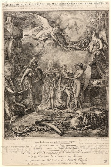 Gabriel de Saint-Aubin (French, 1724 - 1780). Allegorie sur le Marriage de Monseigneur le Comte de Provence, 1771. Etching. Sheet: 300 mm x 198 mm (11.81 in. x 7.8 in.).
