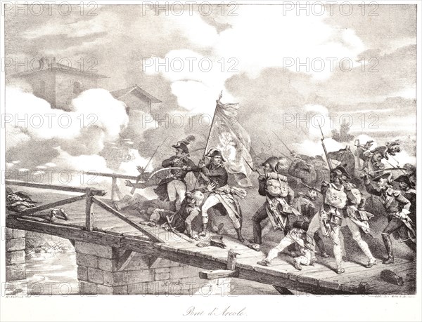 Horace Vernet (French, 1789 - 1863). The Bridge at Arcole (Pont d'Arcole), ca. 1822. From Vie Politique et Militaire de Napoléon. Lithograph on wove paper. Image: 280 mm x 394 mm (11.02 in. x 15.51 in.).
