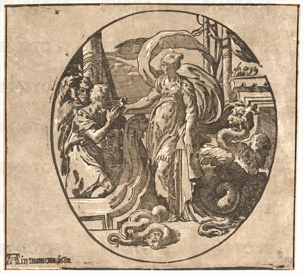 Andrea Andreani (Italian, 1558/1559â€ì1629) after Parmigianino (Italian, 1503 - 1540). Circe Offering Drink to Ulysses' Companions, ca. 1602. Chiaroscuro woodcut from two blocks printed in tan and black.