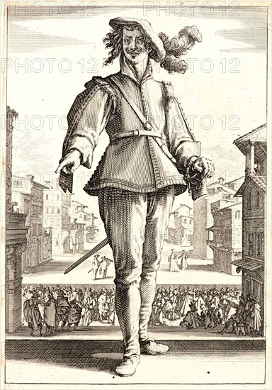 Jacques Callot (French, 1592 - 1635). Braggadocio, 1618. From The Three Actors (Les Trois Pantalons). Etching and engraving.