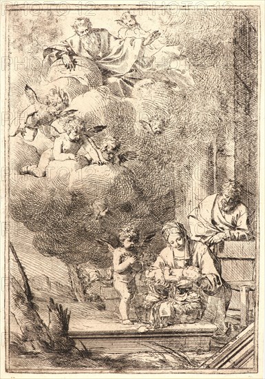 Giulio Carpioni (Italian, 1613 - 1678). Holy Family with God the Father and Angels, 17th century. Etching. First of two states, before the address of Cadorin.