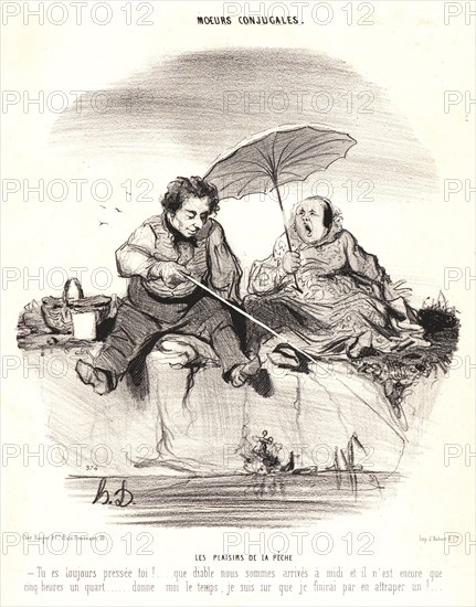Honoré Daumier (French, 1808 - 1879). Les Plaisirs de la PÃªche (The Pleasures of Fishing), 1842. From Moeurs Conjugales. Lithograph on white wove paper. Image: 229 mm x 224 mm (9.02 in. x 8.82 in.) (image dimensions are for composition). Third state.