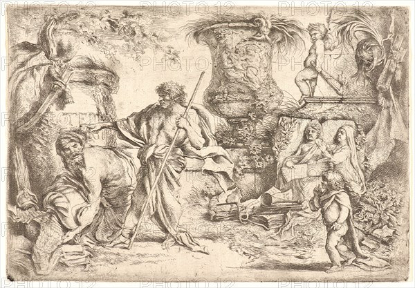 Giovanni Benedetto Castiglione (Italian, 1609 - 1664). Two Men and a Child amid Ruins, 1655. Etching.