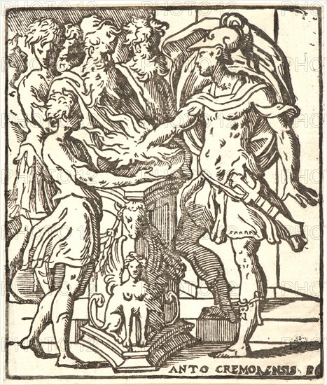 Antonio Campi (Italian, 1524 - 1587). Mucius Scaevola, 16th century. Woodcut from key block for a chiaroscuro woodcut.