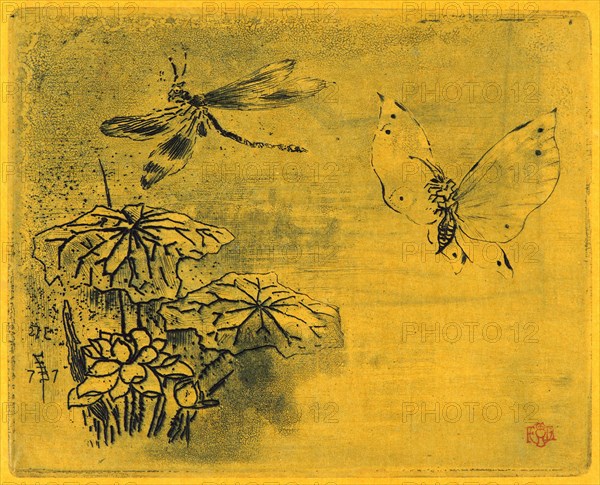 Félix Hilaire Buhot (French, 1847 - 1898). Bookplate with Butterfly and Dragonfly (Ex Libris Papillon et Libellule), 19th century. Etching and aquatint on yellow paper. First state.