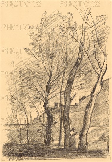 Jean-Baptiste-Camille Corot (French, 1796 - 1875). Reading beneath the Trees (La lecture sous les arbres) Arras, July 1874, 1874. Transfer lithograph on thin tan wove paper. Image: 265 mm x 181 mm (10.43 in. x 7.13 in.). Only state.