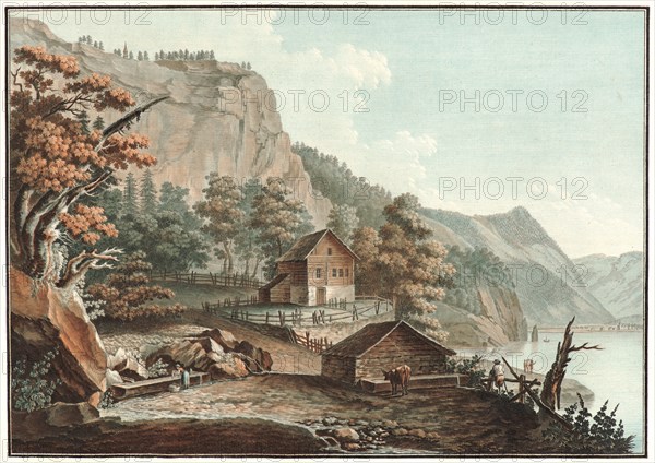 Charles-Melchior Descourtis (French, 1753-1820). House and a Barn by a Swiss Lake, ca. 1776-1786. Etching, engraving, aquatint (and mezzotint?) in mixed methods, printed in color on laid paper. Plate: 227 mm x 322 mm (8.94 in. x 12.68 in.). Before letters.