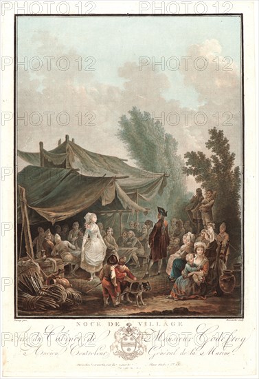 Charles-Melchior Descourtis (French, 1753-1820) after Nicolas-Antoine Taunay (French, 1755-1830). Village Wedding (Noce de Village), 1785. Etching, engraving, aquatint (and mezzotint?) in mixed methods, printed from five plates in yellow, red, blue, carmine, and black ink on laid paper. Plate: 310 mm x 235 mm (12.2 in. x 9.25 in.).