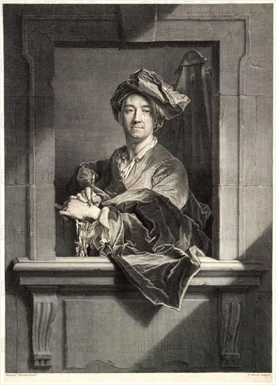 Pierre Drevet (French, 1663-1738) after Hyacinthe Rigaud (French, 1659 - 1743). Portrait of the Painter, Hyacinthe Rigaud, 1714. Engraving on laid paper. Plate: 469 mm x 335 mm (18.46 in. x 13.19 in.). Undescribed state between the third and fourth of five states.