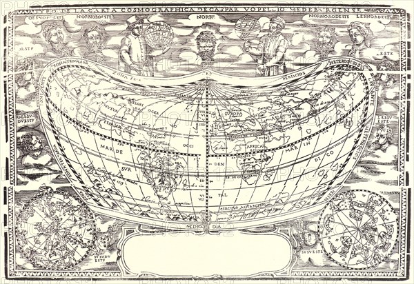 Anonymous. Map: The World of Volpellio (Typo de la carta Cosmographia de Gaspar Volpellio Medeburgense[?]), ca. 1520-1540 (modern restrike). Woodcut.