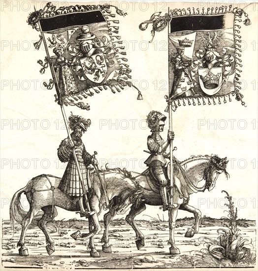 Albrecht Altdorfer (German, ca. 1480-1538). The Austrian Territories: Burgendt and Zeringen, ca. 1517. From The Triumphal Procession of Emperor Maximilian I. Woodcut on parchment. Image: 392 mm x 375 mm (15.43 in. x 14.76 in.).