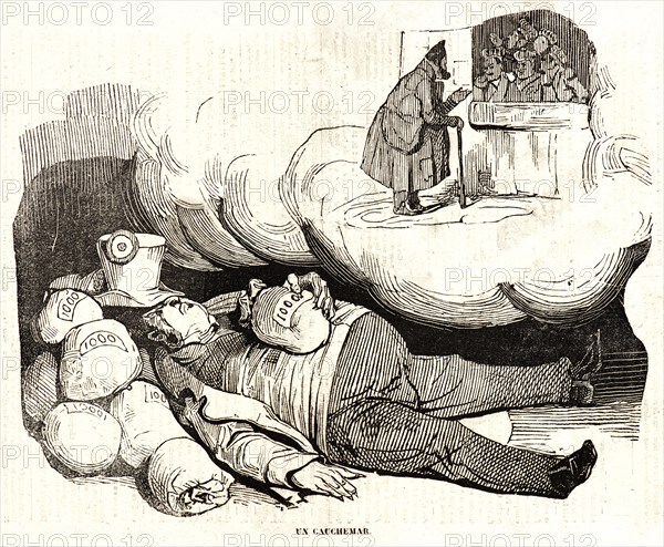 Honoré Daumier (French, 1808 - 1879). Un Cauchemar, 1834. Wood engraving on newsprint paper. Image: 192 mm x 244 mm (7.56 in. x 9.61 in.).