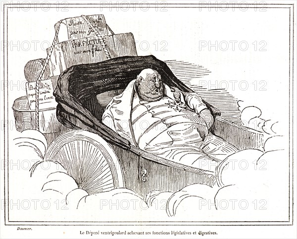 Honoré Daumier (French, 1808 - 1879). Le Député ventrigoulard achevant ses fonctions legislatives et digestives., 1834. Wood engraving on newsprint paper. Image: 181 mm x 241 mm (7.13 in. x 9.49 in.).