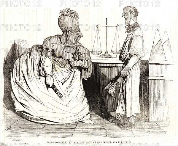 Honoré Daumier (French, 1808 - 1879). Mademoiselle législature venant remercier son électeur., 1834. Wood engraving on newsprint paper. Image: 138 mm x 239 mm (5.43 in. x 9.41 in.).