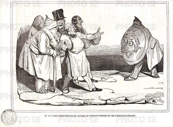 Honoré Daumier (French, 1808 - 1879). 93! 93! C'est l'épouvantail du jobard, du constitutionel et de l'électeur épicier., 1834. Wood engraving on newsprint paper. Image: 174 mm x 263 mm (6.85 in. x 10.35 in.).