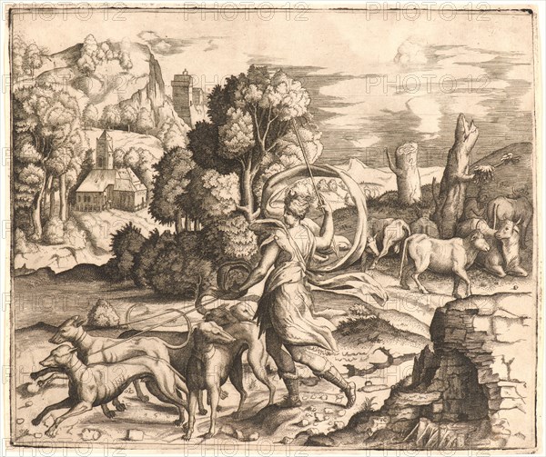 Vincenzo Caccianemici (Italian, died 1542). Diana with Hounds, ca. 1530-1550. Engraving. Plate: 260 mm x 308 mm (10.24 in. x 12.13 in.) (Plate irregular, 258- 260 x 308 mm.