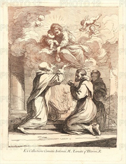 Francesco Bartolozzi (Italian, 1727-1815) after Guercino (Italian, 1591 - 1666). Madonna and Child Adored by Three Monks, 1764. From Raccolta di alcuni disegni del Barbieri detto Il Guercino. Etching printed in two colors.