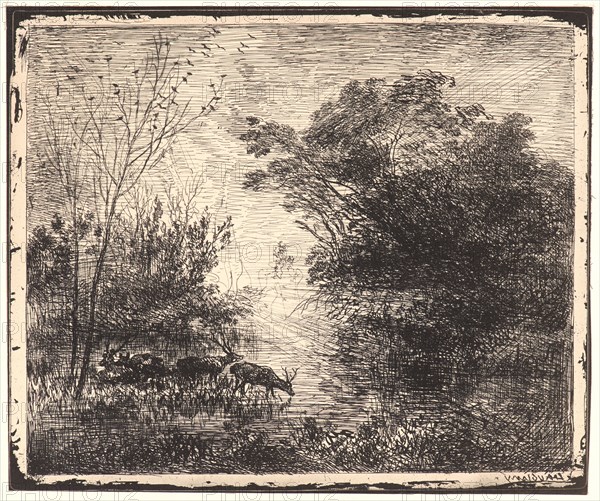 Charles FranÃ§ois Daubigny (French, 1817 - 1878). The Deer (Les Cerfs), 1862. From Quarante Clichés-Glace. Cliché-verre.