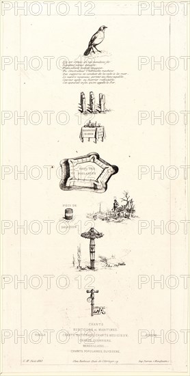 Charles Meryon (French, 1821 - 1868). Rebus: Béranger was not really strong, for he never had the Key of the Fields (Rébus: Béranger ne fut Véritablement Fort, Car il n'eut jamais la Clef des Champs), 19th century. Etching. Third state.