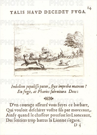 Jacques Callot (French, 1592 - 1635). Une Lionne et son Lionceau Poursuivis par des Chasseurs, 17th century. From The Life of the Virgin in Emblems (La Vie de la MÃ¨re de Dieu représentée par des. Etching. First of two states.