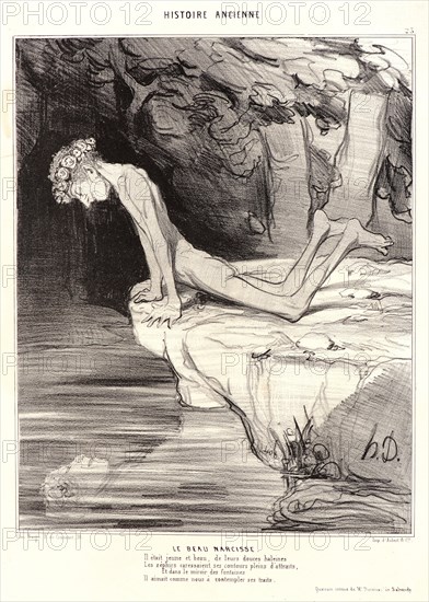 Honoré Daumier (French, 1808 - 1879). Le beau Narcisse, 1842. From Histoire Ancienne. Lithograph on white wove paper. Image: 248 mm x 198 mm (9.76 in. x 7.8 in.). Third of four states.
