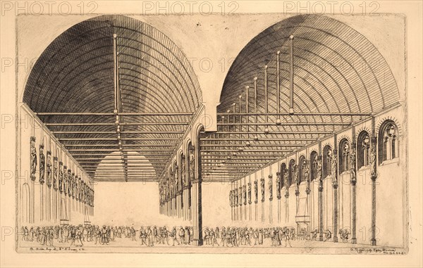 Charles Meryon (French, 1821 - 1868) after Jacques Androuet Du Cerceau the Younger (French, 1550 - 1614). The Ante- Chamber of the Old Palace of Justice (Salle des Pas-Perdus Ã  l'Ancien Palais-de- Justice, Paris), 1855. Etching. Fourth state.