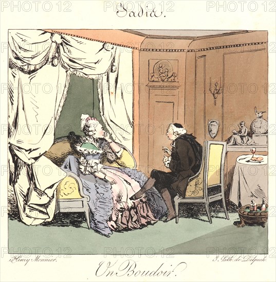 Henry Bonaventure Monnier (French, 1799/1805 - 1877). Un Boudoir (Jadis), 1829. From The 18th Century and Today (Jadis et Aujourd'hui). Pen lithograph with hand coloring.