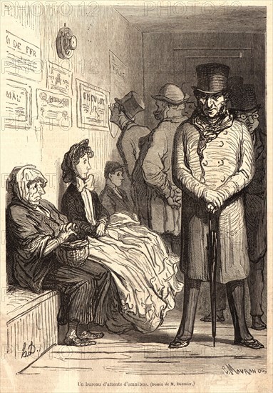 Honoré Daumier (French, 1808 - 1879). Un bureau d'attente d'omnibus, 1862. Wood engraving on newsprint paper. Image: 222 mm x 157 mm (8.74 in. x 6.18 in.).