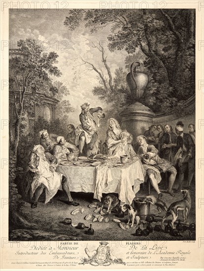 Pierre Etienne Moitte (French, 1722-1780) after Nicolas Lancret (French, 1690 - 1743). Partie de Plaisirs, ca. 1750-1760. Etching and engraving on laid paper. Plate: 460 mm x 345 mm (18.11 in. x 13.58 in.).