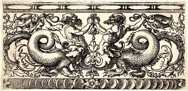 Hans Sebald Beham (German, 1500 - 1550). Frieze with Two Tritons, 16th century. Woodcut.