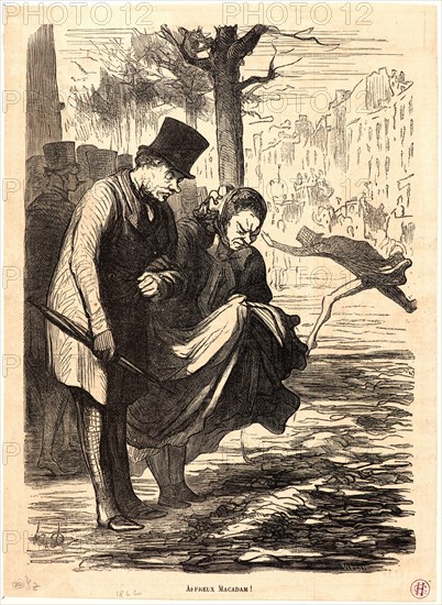 Honoré Daumier (French, 1808 - 1879). Affreux Macadam!, 1862. Wood engraving. Image: 224 mm x 160 mm (8.82 in. x 6.3 in.).