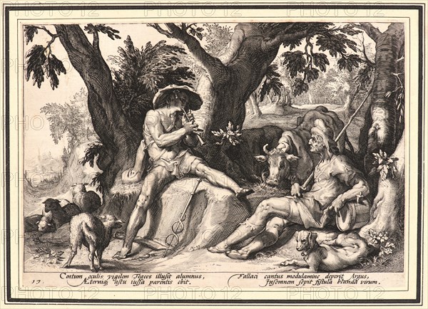 Anonymous after Hendrick Goltzius (Dutch, 1558 - 1617). Mercury Putting Argus to Sleep, ca. 1589. From Metamorphoses. Engraving on wove paper. Plate: 174 mm x 250 mm (6.85 in. x 9.84 in.).