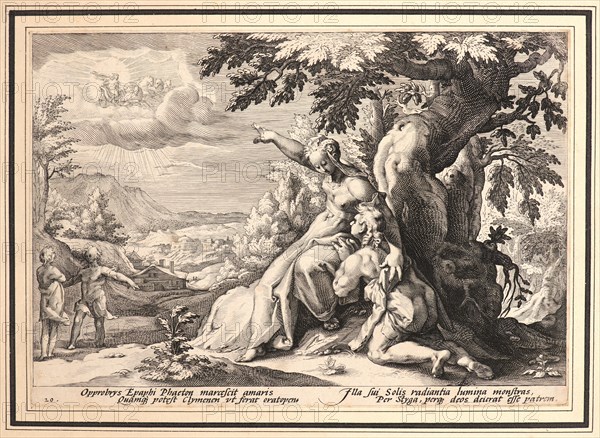 Anonymous after Hendrick Goltzius (Dutch, 1558 - 1617). Clymene Urging Phaeton to Find Helios, ca. 1589. From Metamorphoses. Engraving on wove paper. Plate: 176 mm x 250 mm (6.93 in. x 9.84 in.).
