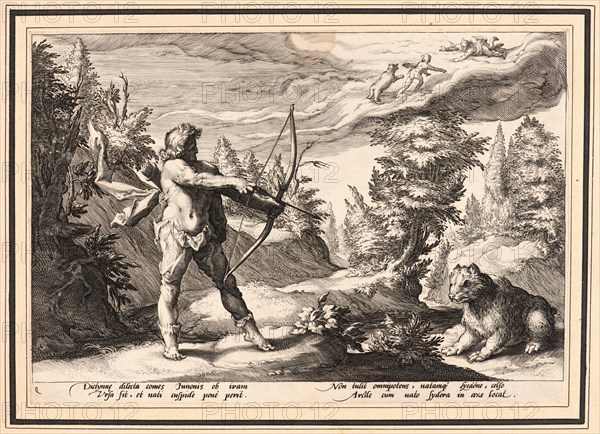 Anonymous after Hendrick Goltzius (Dutch, 1558 - 1617). Arcas Preparing to Kill His Mother, ca. 1590. From Metamorphoses. Engraving on wove paper. Plate: 176 mm x 256 mm (6.93 in. x 10.08 in.). Undescribed first state.