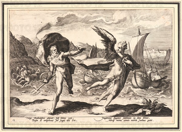 Anonymous after Hendrick Goltzius (Dutch, 1558 - 1617). Neptune Pursuing Coronis, Who Is Changed into a Crow, ca. 1590. From Metamorphoses. Engraving on wove paper. Plate: 176 mm x 253 mm (6.93 in. x 9.96 in.). Undescribed first state.